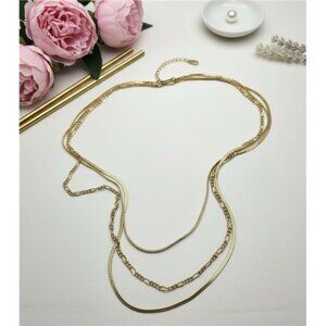 Vintage Gold Tone Triple Chain Necklace Figaro Herringbone Snake 27in Layered